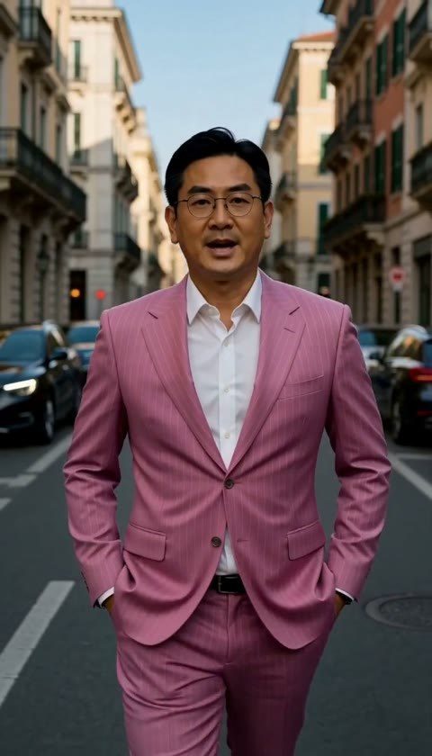 AI 生成的导师照片：城市街头的粉红色西装